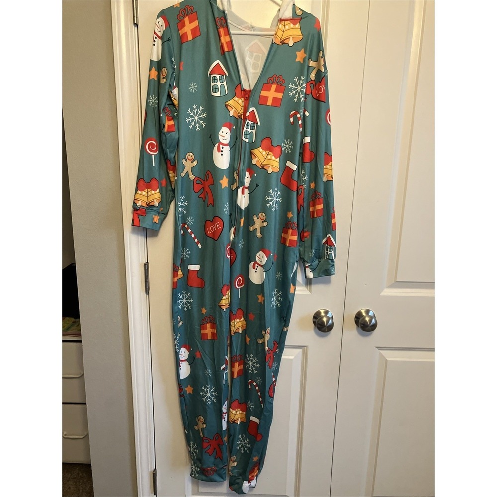 Unbranded Christmas Pajamas Kids Large Green Like New Hooded One-Piece